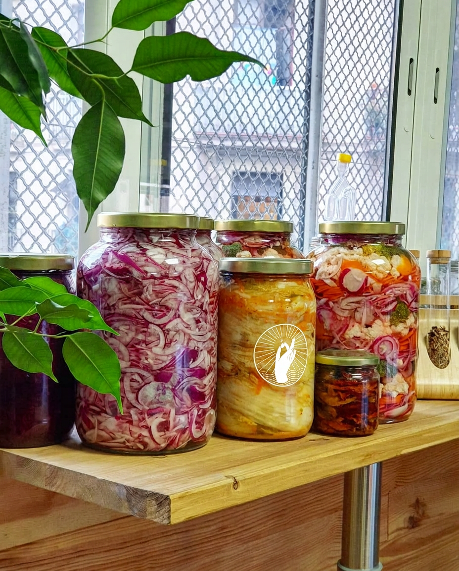 Frascos de cebolla encurtida, kimchi y verduras lactofermentadas en la estantería junto a la ventana del aula
