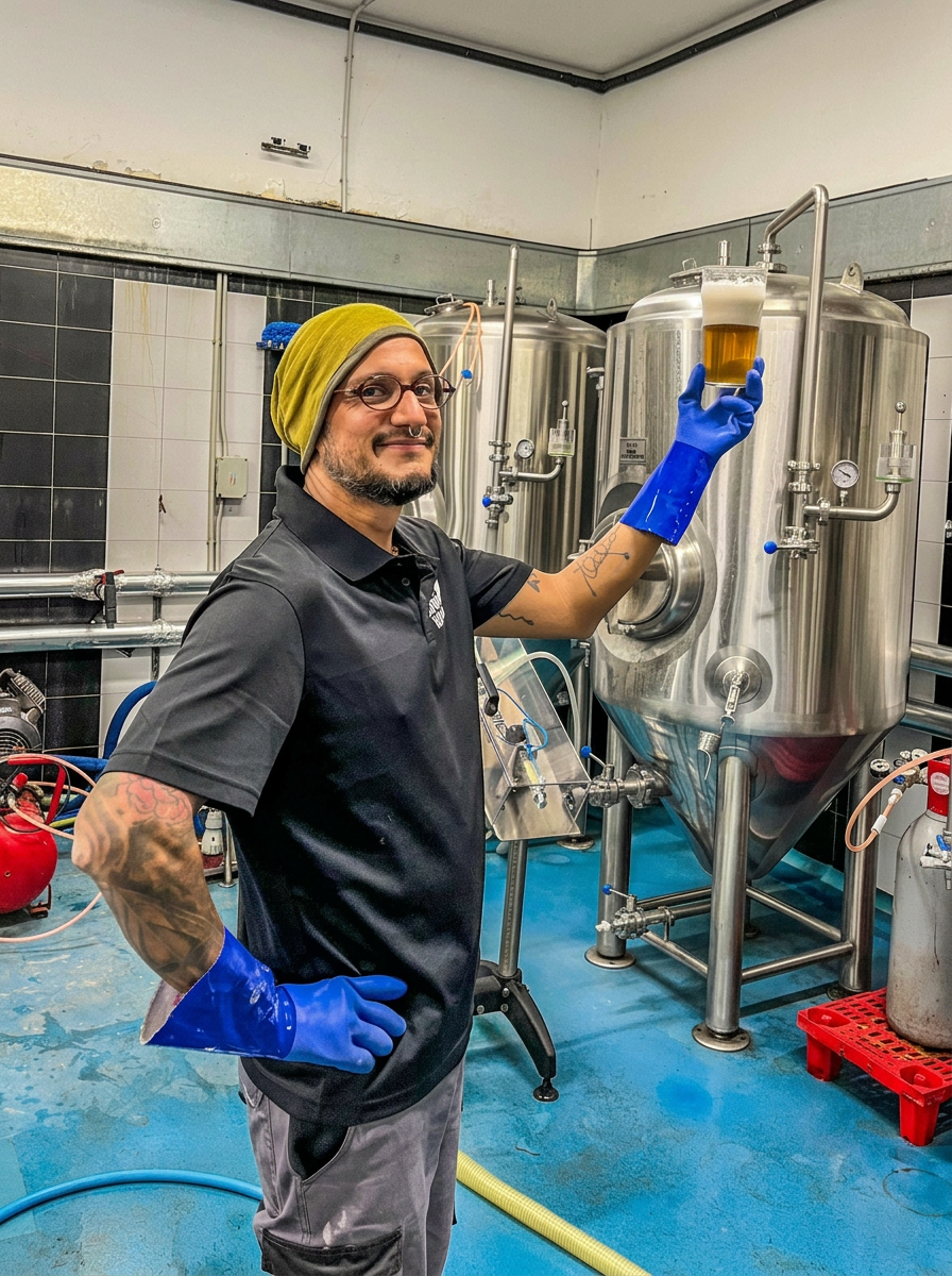 Fotografía de Andy Rios en la sala de elaboración con depósitos de acero inoxidable