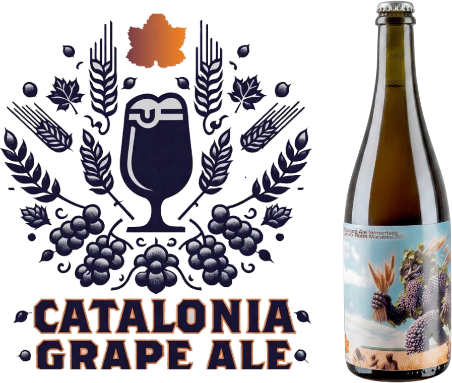 Emblema Catalonia Grape Ale junto a una botella de saison fermentada con uva macabeu