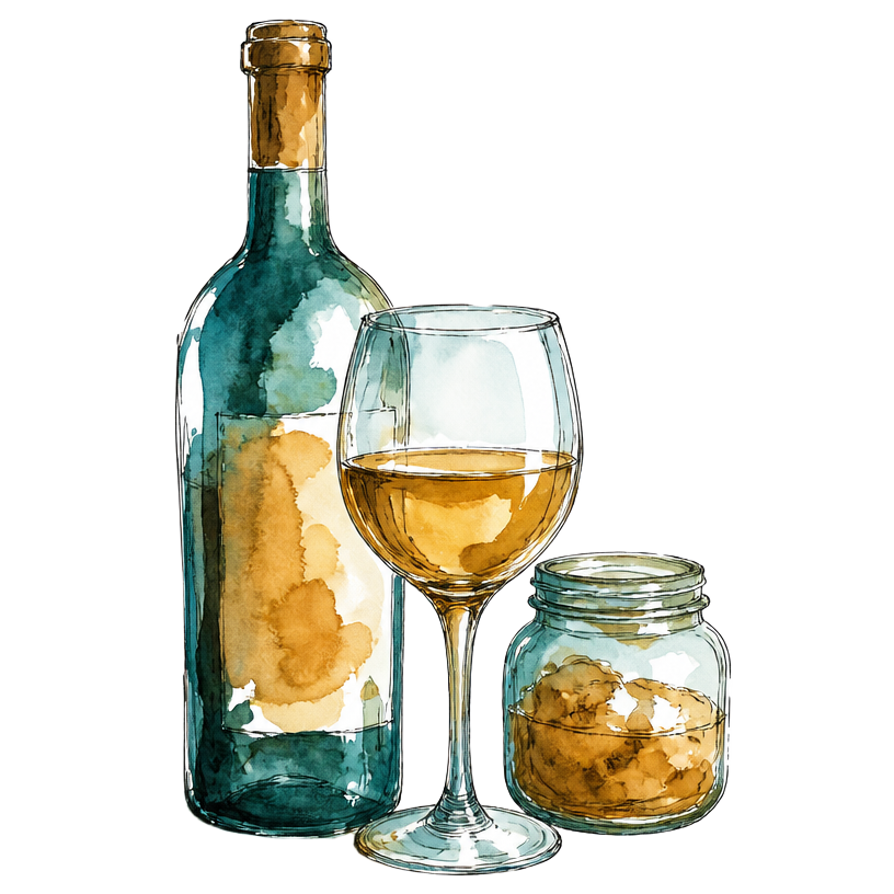 Botella, copa y tarro pintados en acuarela