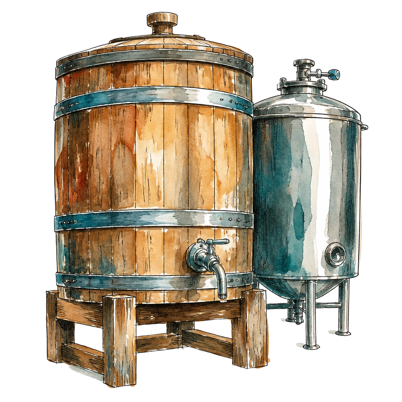 Barrica y tanque de fermentación pintados en acuarela