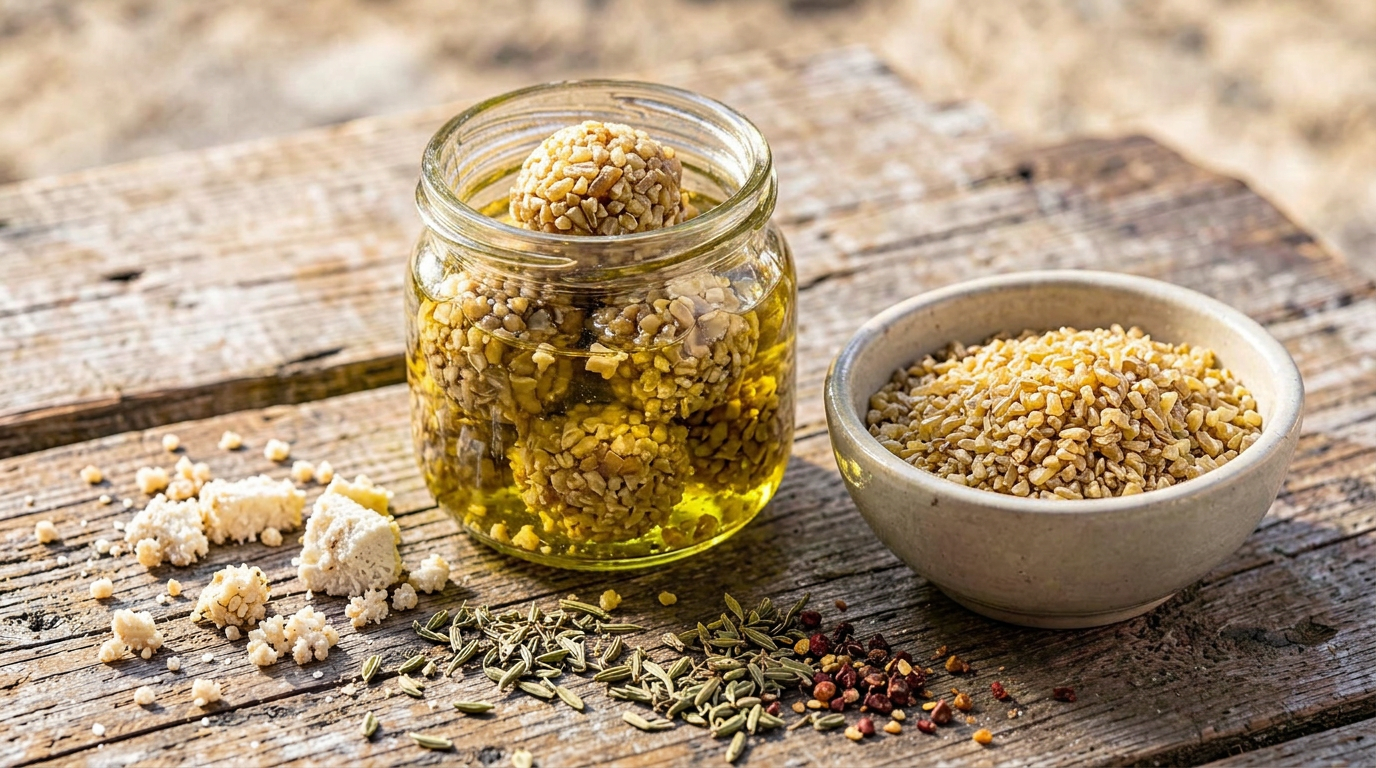 Bolas de keshek el fouqara hechas con grano de bulgur grueso partido, conservadas en aceite de oliva, junto a un cuenco de bulgur y hierbas secas