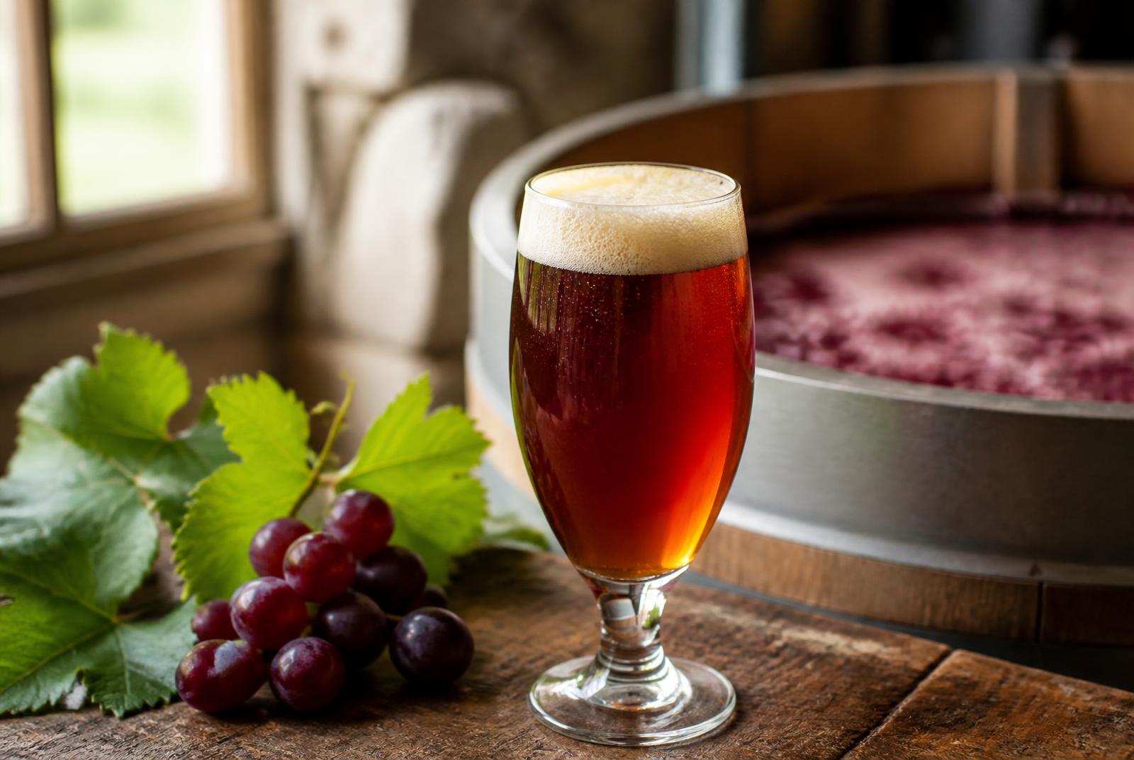 Copa de Catalunya Grape Ale junto a un racimo de uva tinta y hojas de viña