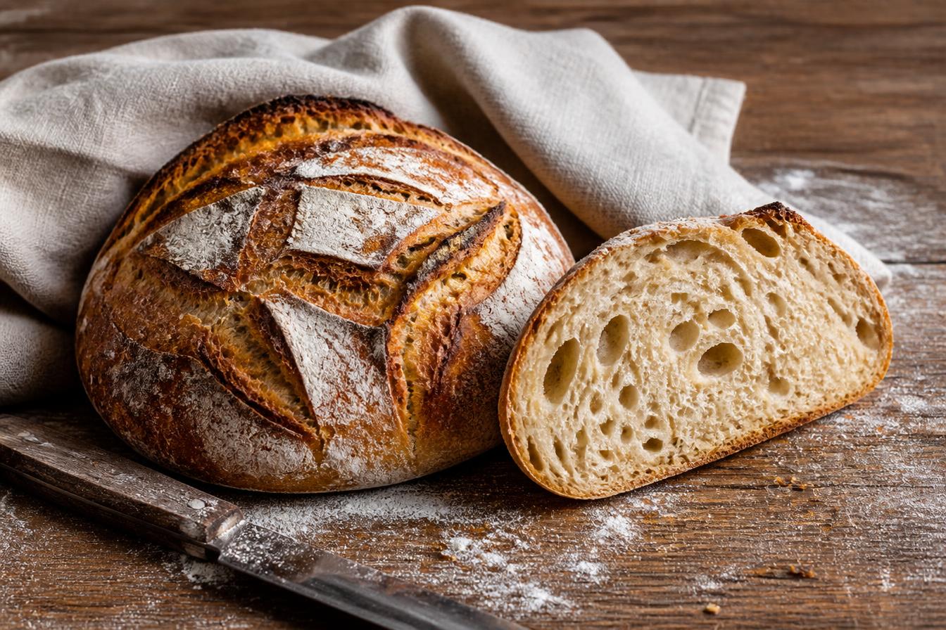 Hogaza de pan de masa madre partida sobre mesa de madera rústica