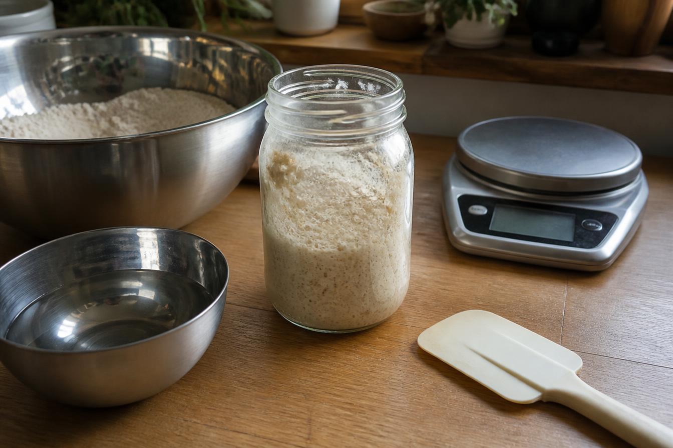 Tarro de masa madre activa junto a harina, agua y báscula de cocina