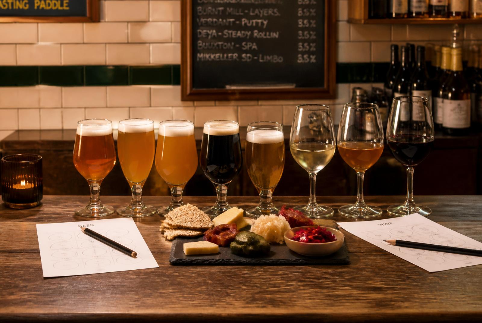 Barra de cata con copas de cerveza y vino alineadas junto a una tabla de fermentados y fichas de cata