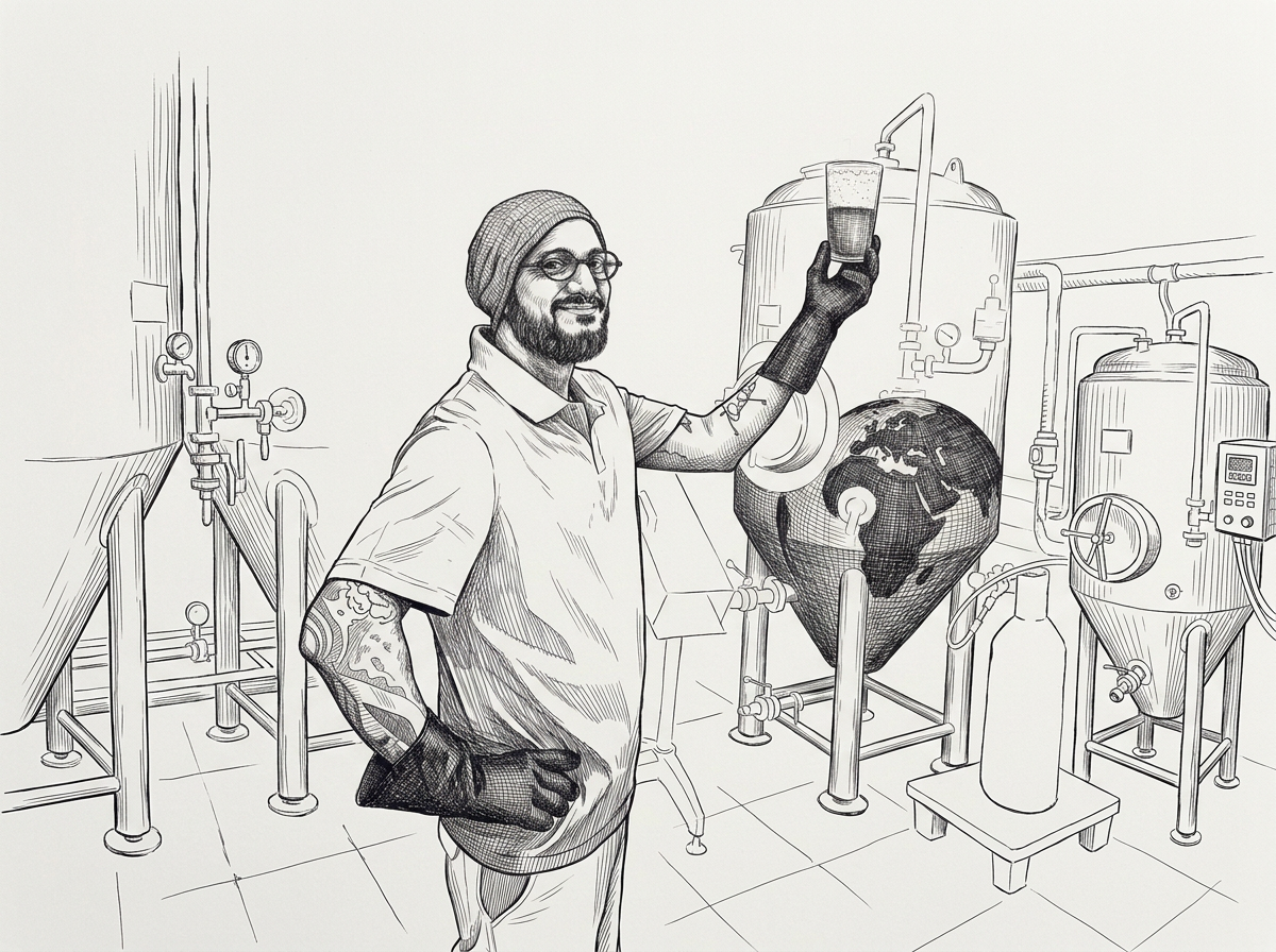 Retrato ilustrado en blanco y negro de Andy Rios en la sala de fermentación con una copa de cerveza