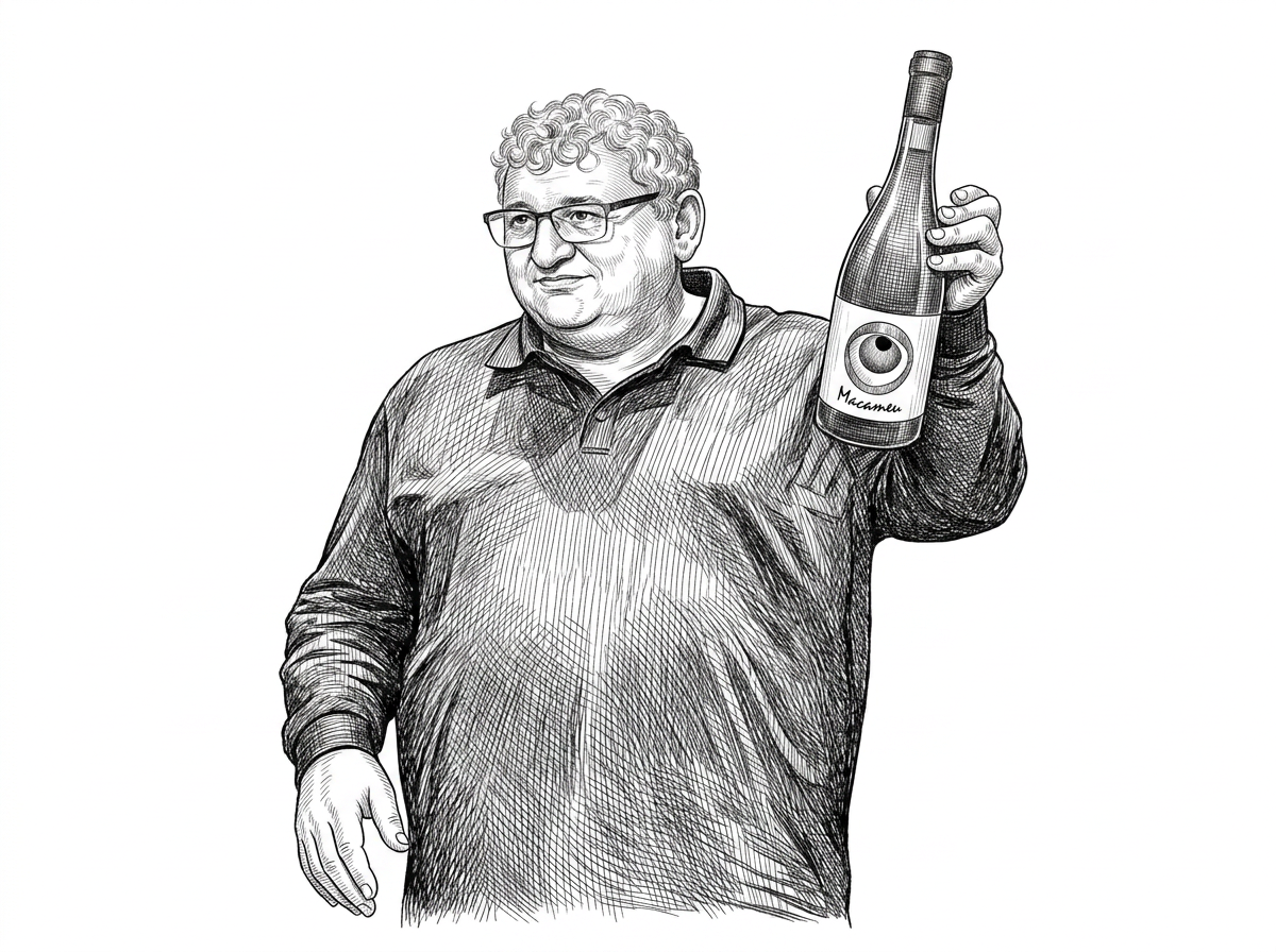 Retrato ilustrado en blanco y negro de Xavier Nogué sosteniendo una botella de Macameu