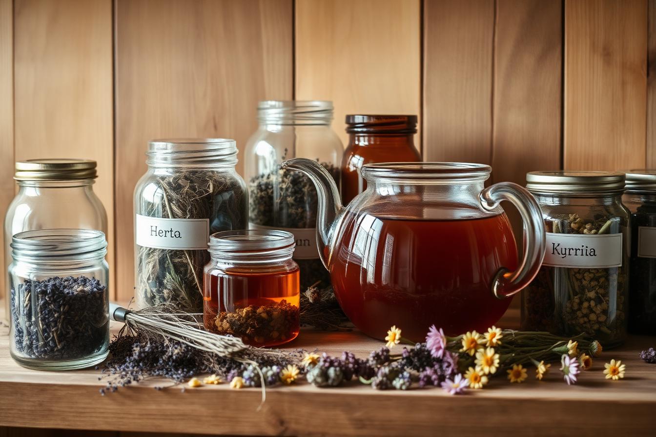 Tarros etiquetados con hierbas secas y una infusión en tetera de cristal