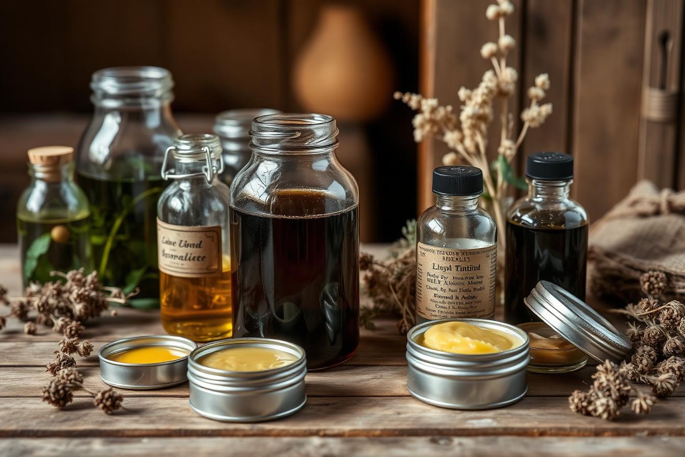 Tinturas macerando en frascos de cristal junto a latas de ungüento y plantas secas