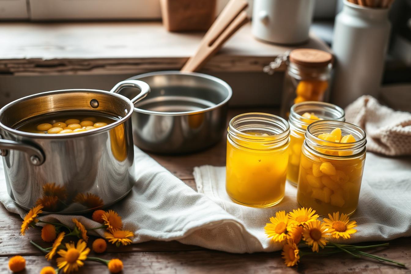 Elaboración de ungüentos: aceite infusionado con cera de abeja y tarros recién envasados
