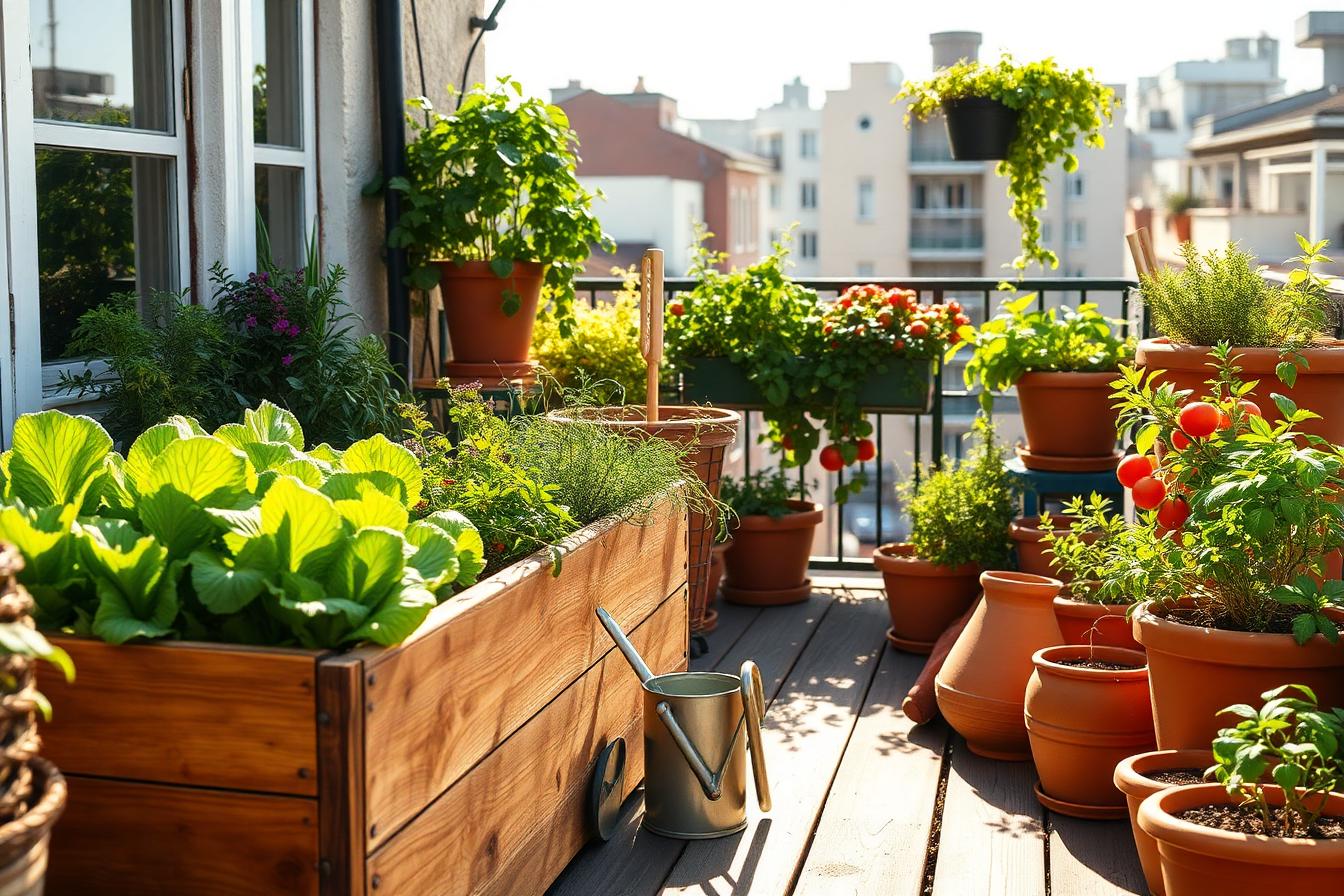 Huerto urbano en balcón con jardineras de madera, lechugas, tomateras y macetas de hierbas