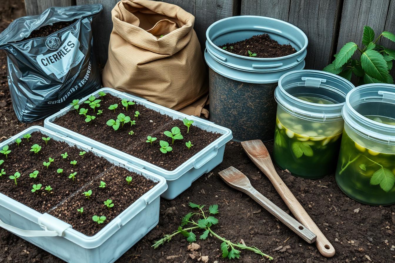 Semilleros con plántulas, compost y cubos con purín vegetal en fermentación