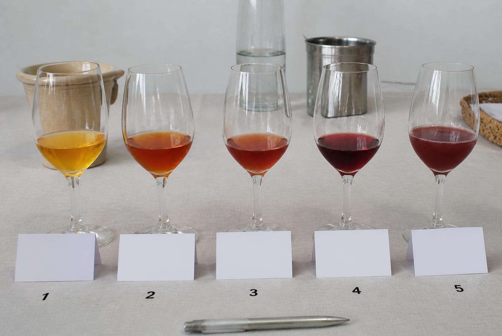 Cinco copas de cata alineadas con vinos de color ámbar, naranja, rosado y tinto